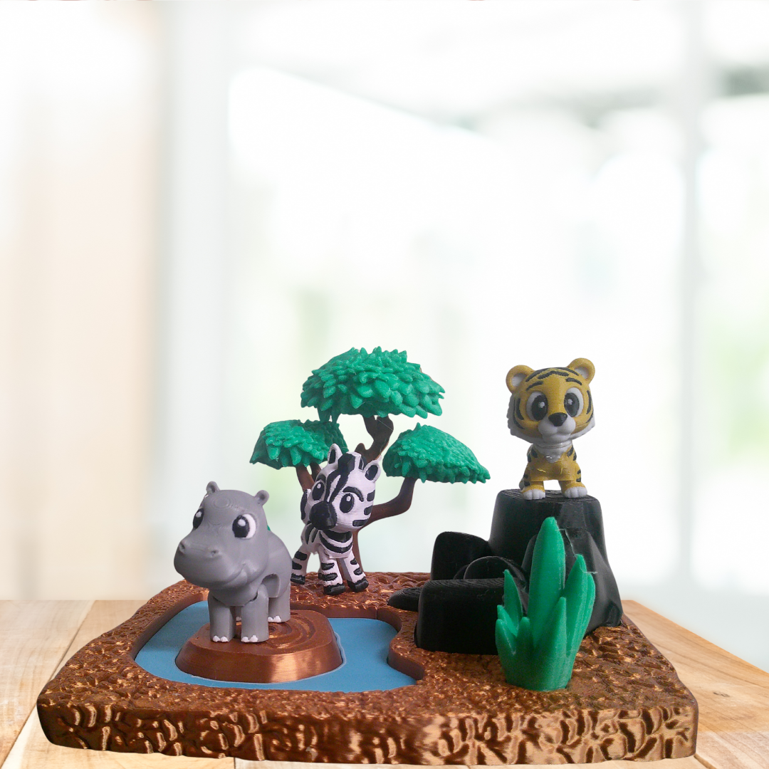 Island animals including a hippo, tiger, and zebra on an island.