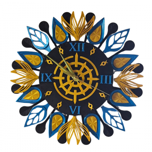 blue and gold feathered clock