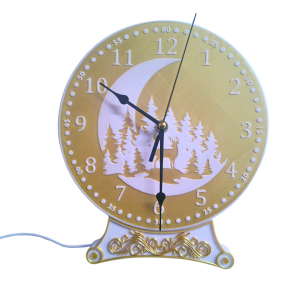 White and gold tabletop Hunter's Clock with moon, trees, and deer